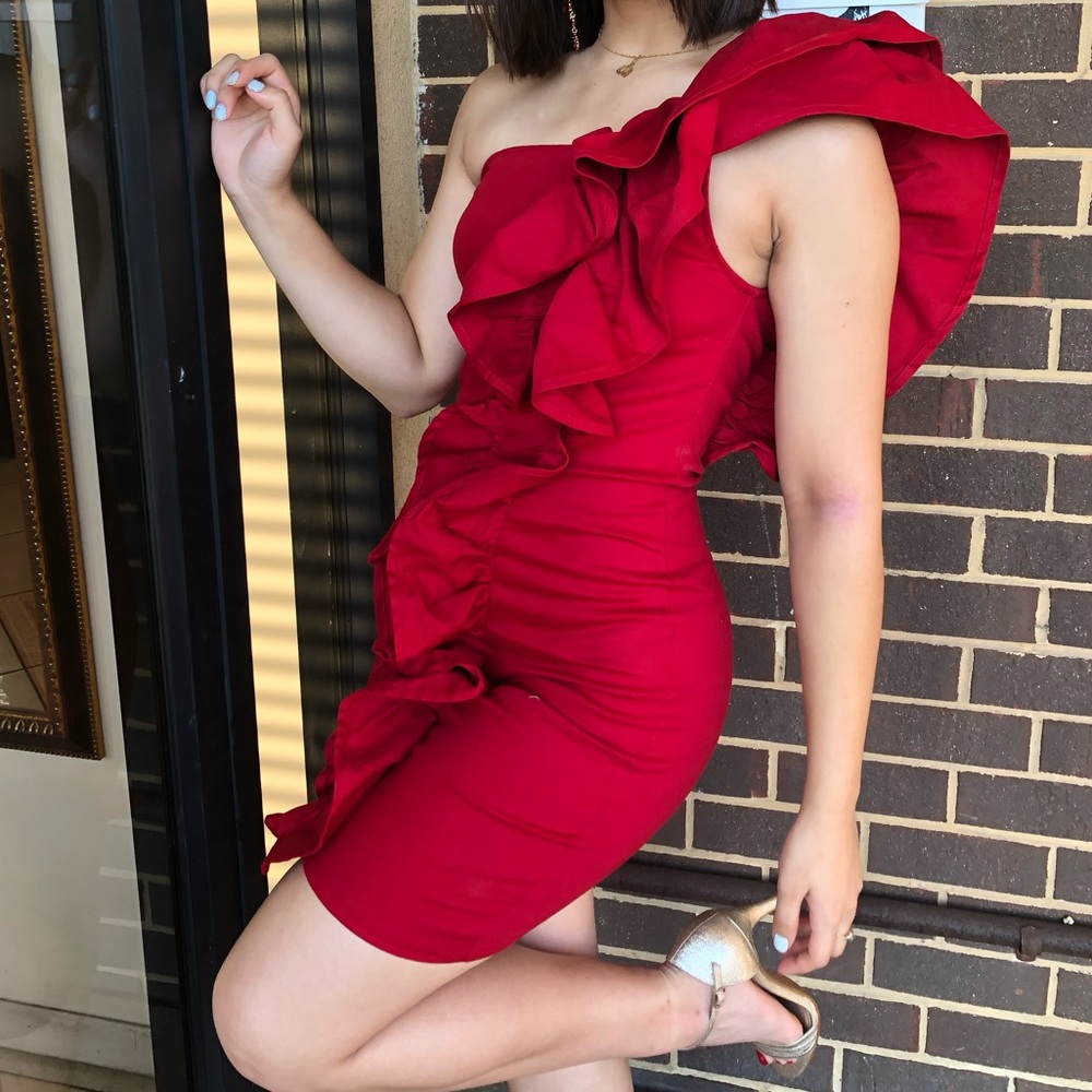 One Shoulder Ruffle Red Mini Dress